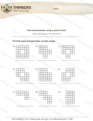 4th Grade math worksheet — Geometry Area Perimeter Grid 7