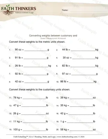 5th Grade math worksheet — Mass and Weight. Converting Weights Customary Metric 4