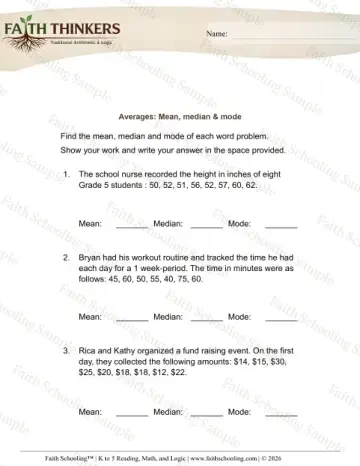 5th Grade math worksheet — Averages Mean Median Mode 6