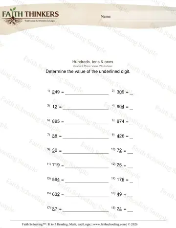 2nd Grade math worksheet — Place Value Digit 2