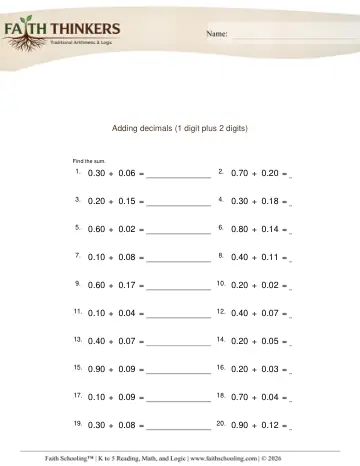 Adding Decimals 1 Digit Plus 2 Digit 1