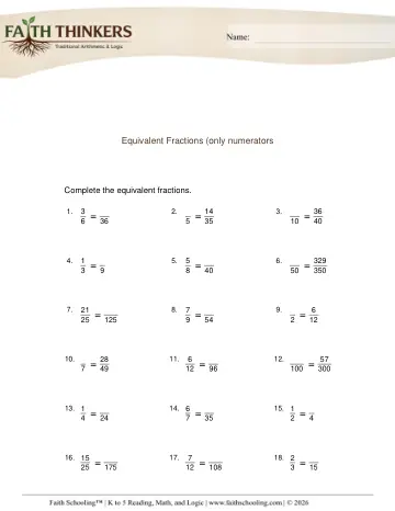 Equivalent Fractions Numerators 1