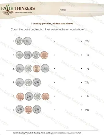 1st Grade math worksheet — Counting Money. Counting Coins 6