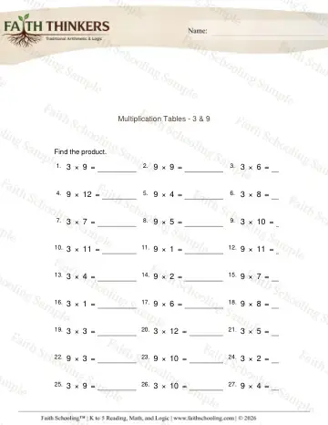 3rd Grade math worksheet — Times Tables and Facts. Multiplication Table 1 (Practice 2)