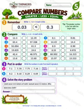 5th Grade math worksheet — Compare Numbers Practice 9