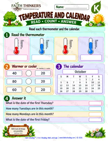 Kindergarten math worksheet — Temperature And Calendar Practice 8