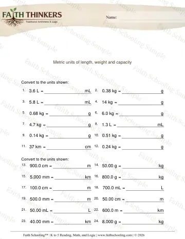 4th Grade math worksheet — Convert Metric Units Length Weight Capacity 3