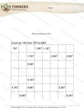 3rd Grade math worksheet — Skip Counting. Counting by 100s from Random 3 (Practice 2)