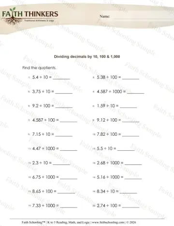 5th Grade math worksheet — Dividing Decimals 1d by 10 100 1000 3
