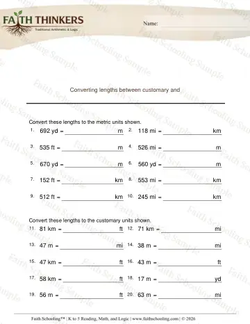 5th Grade math worksheet — Length and Distance. Converting Lengths Customary Metric Long 4