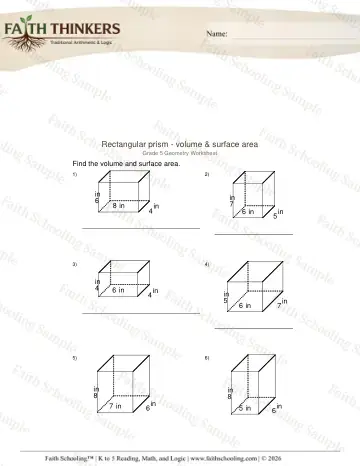 5th Grade math worksheet — Geometry Rectangular Prism Volume Surface Area 2