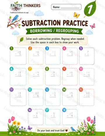 1st Grade math worksheet — Spring Subtraction Practice 4
