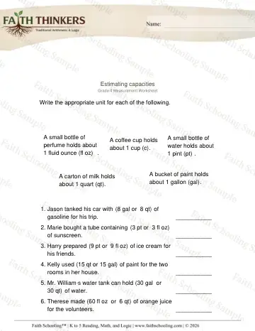 4th Grade math worksheet — Estimating Measurements 6
