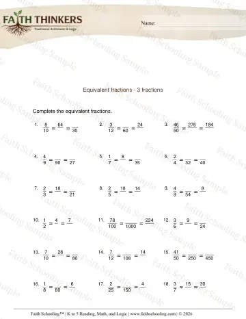 3rd Grade math worksheet — Equivalent 3 Fractions 6