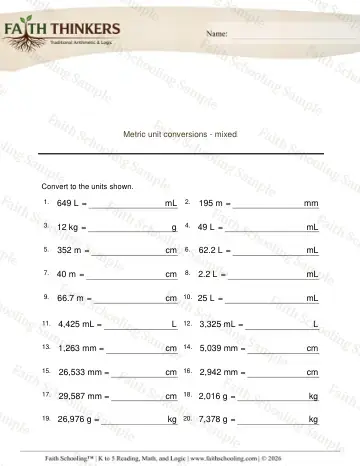 5th Grade math worksheet — Metric Measurement. Metric Units Mixed 3