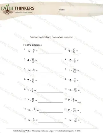 4th Grade math worksheet — Subtracting Fractions from Whole Numbers 3