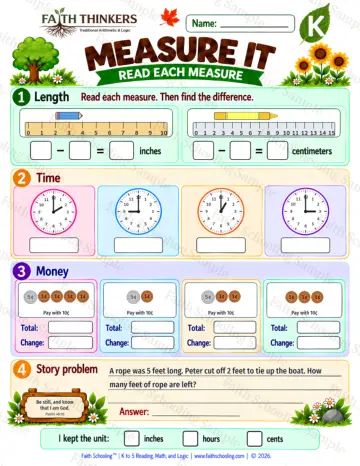Kindergarten math worksheet — Money and Measurement Practice 4