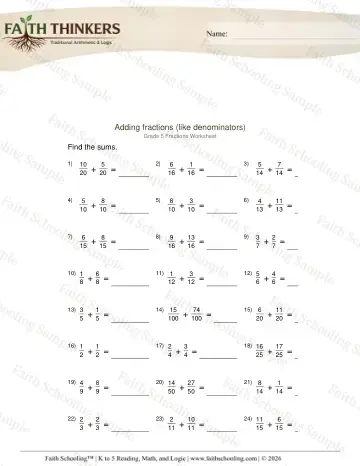 5th Grade math worksheet — Adding Fractions Like Denominators 2