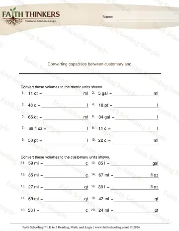5th Grade math worksheet — Capacity and Volume. Converting Capacities Customary Metric 2