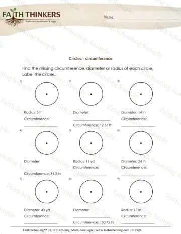 5th Grade math worksheet — Geometry Circles Circumference 6