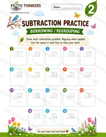 2nd Grade math worksheet — Spring Subtraction Practice 6