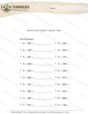 4th Grade math worksheet — Multi-Digit Multiplication. Multiply 1 Digit by 3 Digit 2