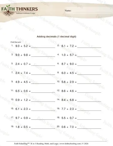 4th Grade math worksheet — Adding Decimals 1 Digit 7