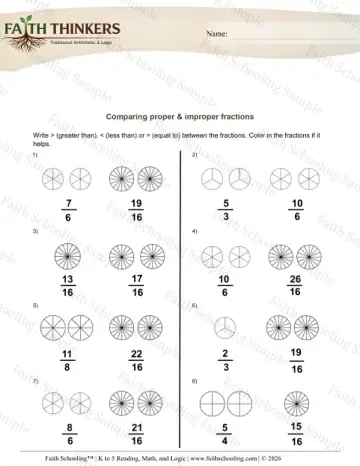 4th Grade math worksheet — Comparing Proper and Improper Fractions 6