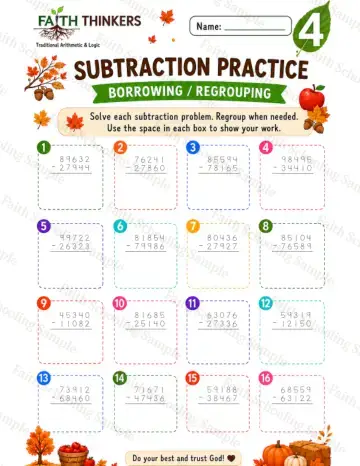 4th Grade math worksheet — Fall Subtraction Practice 6