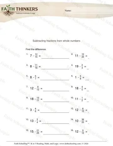 4th Grade math worksheet — Subtracting Fractions from Whole Numbers 4