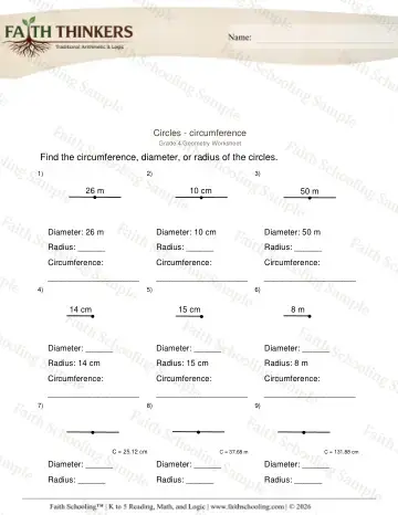 4th Grade math worksheet — Geometry Circles Circumference 4