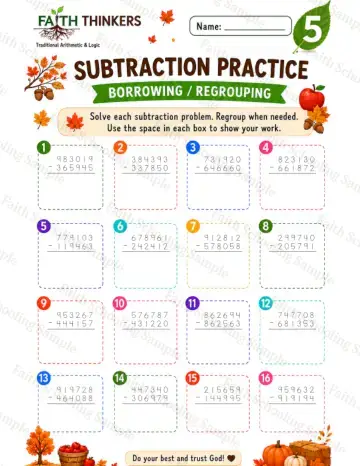 5th Grade math worksheet — Fall Subtraction Practice 6