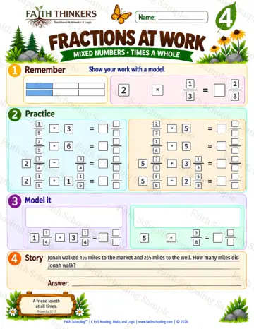 4th Grade math worksheet — Mixed Number Operations and Fraction Multiplication Practice 6