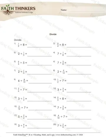 5th Grade math worksheet — Dividing Fractions. Divide Fractions Whole Numbers Mixed 3