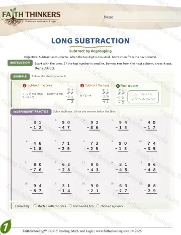 1st Grade math worksheet — Subtraction with Regrouping. Long Subtraction (Practice 9)