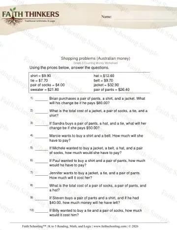3rd Grade math worksheet — World Currencies. Australian Money 3