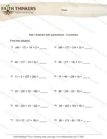 4th Grade math worksheet — Order Operations Add Sub 16