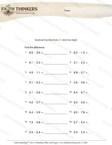 4th Grade math worksheet — Subtracting Decimals 1 Digit 4