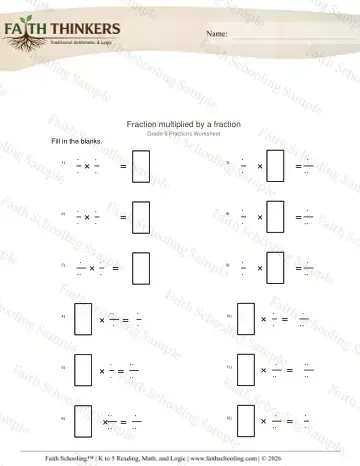 5th Grade math worksheet — Fractions Multiply Missing Number 2