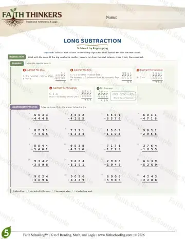 5th Grade math worksheet — Subtraction with Regrouping. Long Subtraction (Practice 6)