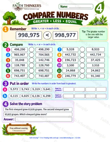 4th Grade math worksheet — Comparing and Ordering Numbers Practice 5