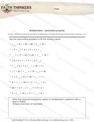 4th Grade math worksheet — Properties of Multiplication. Multiplication Associative Property 6