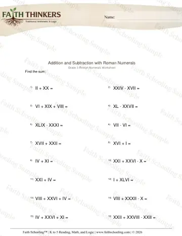 3rd Grade math worksheet — Roman Numerals Add Subtract 3