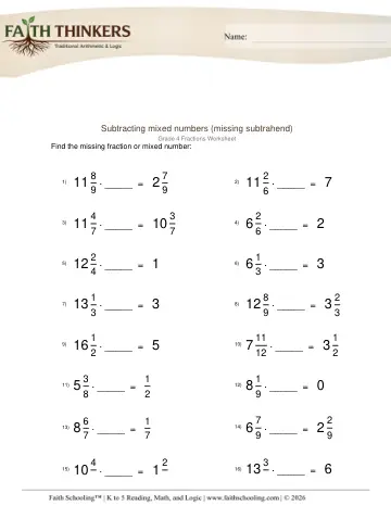 Subtracting Mixed Numbers Missing Subtrahend 1