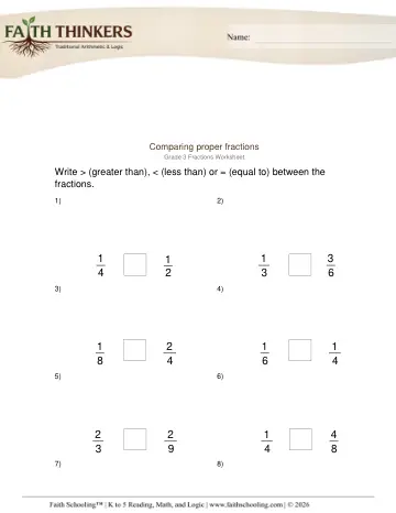 Grade 3 Math: Comparing Ordering Fractions — worksheet preview