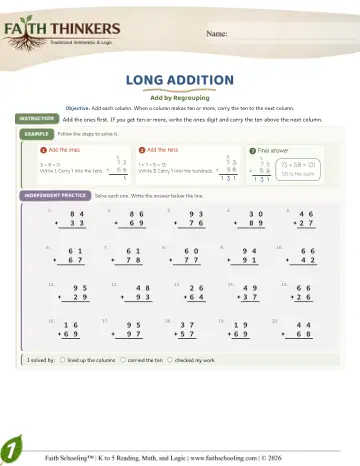 Grade 1 Math: Long Addition — worksheet preview