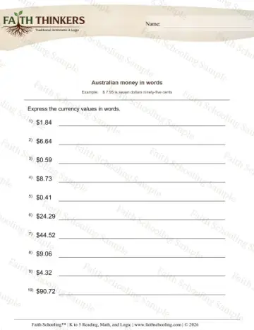 2nd Grade math worksheet — World Currencies. Australian Money in Words 9