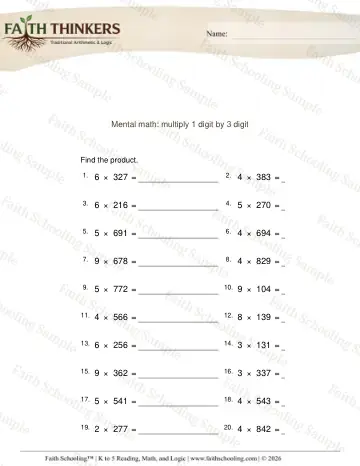 4th Grade math worksheet — Multi-Digit Multiplication. Multiply 1 Digit by 3 Digit 3