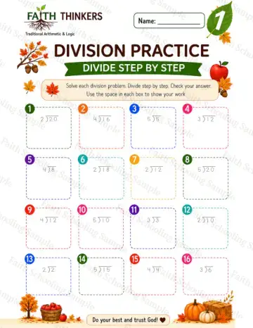 1st Grade math worksheet — Fall Division Practice 4