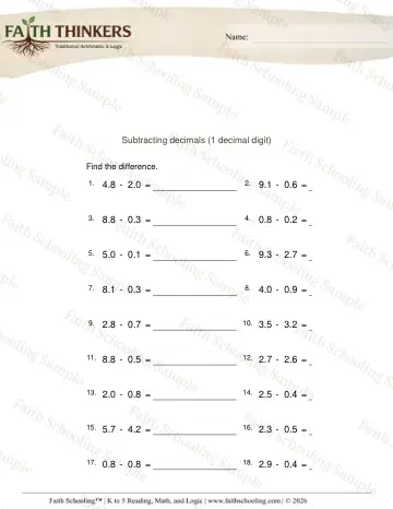 4th Grade math worksheet — Subtracting Decimals 1 Digit 2
